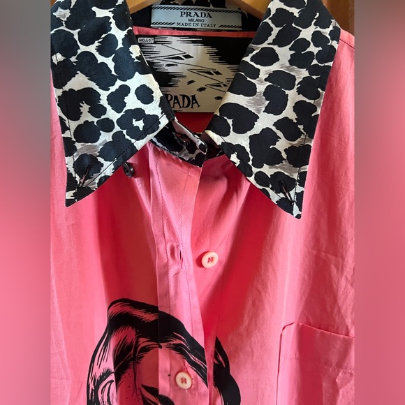 Prada Shirt Button Down Comic Print Pink Black Rosa + Ferro Size 8 (44 Italian) - Picture 7 of 16